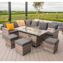 Furniture Maxi Rosen 9 Seater Fire Pit Rattan Garden Furniture Corner Dining Sofa Set in Grey