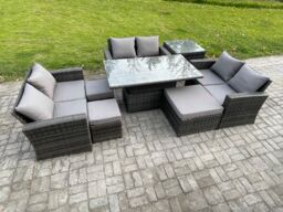 Fimous Wicker PE Rattan Garden Furniture Set Height Adjustable Rising Lifting Table Sofa Dining Set with Side Table in Dark Grey - thumbnail 1