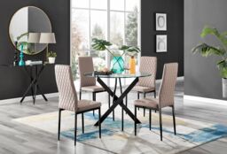 FurnitureboxUK Novara 4 Seater Black Leg Round Glass Dining Table & 4 Milan Faux Leather Black Leg Chairs in Beige