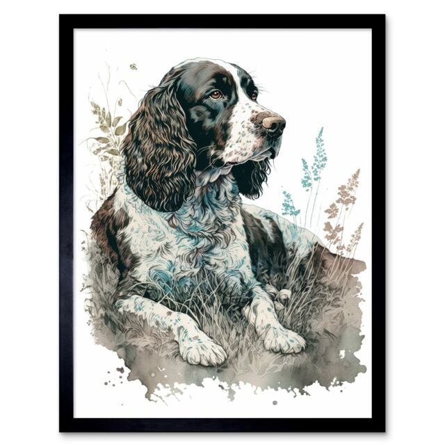"Artery8 Wall Art Print English Springer Spaniel Dog Lying in Field Modern Watercolour Art Framed in Black - Size: W12"" x H16""" - image 1