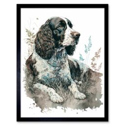 "Artery8 Wall Art Print English Springer Spaniel Dog Lying in Field Modern Watercolour Art Framed in Black - Size: W12"" x H16""" - thumbnail 1