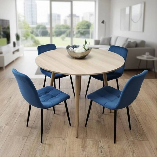 KOSY KOALA Modern Round Dining Table Set With 4 Blue Velvet Chairs - image 1