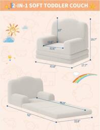London Boutique Convertible Kids Couch Sofa Bed 2-in-1 Folding Toddler Couch Chair in White - thumbnail 3