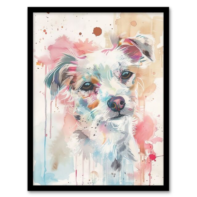 "Artery8 Dog Lover Watercolour Portrait Pink Light Pastel Framed Art Print - Size: W12"" x H16""" - image 1