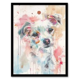 "Artery8 Dog Lover Watercolour Portrait Pink Light Pastel Framed Art Print - Size: W12"" x H16""" - thumbnail 1
