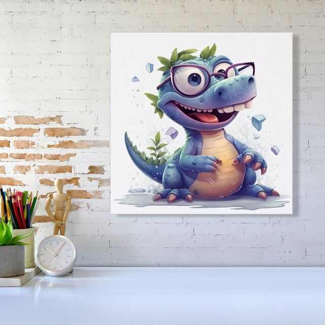 "Warren Reed - Designer Happy Dinosaur With Glasses Canvas - Size: W16"" x H16""" - image 1