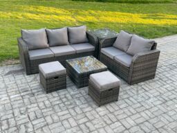 Fimous PE Rattan Garden Furniture Sets 7 Seater Outdoor Lounge Sofa Set Square Coffee Table 2 Small Footstools Side Table in Dark Grey - thumbnail 2