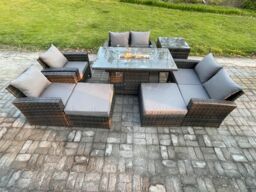 Fimous Outdoor Garden Furniture Sets 8 Pieces Wicker Rattan Furniture Gas Firepit Dining Table Sofa Set with 2 Big Footstool Side Table in Dark Grey - thumbnail 1