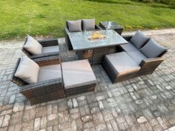 Fimous Outdoor Garden Furniture Sets 8 Pieces Wicker Rattan Furniture Gas Firepit Dining Table Sofa Set with 2 Big Footstool Side Table in Dark Grey - thumbnail 2