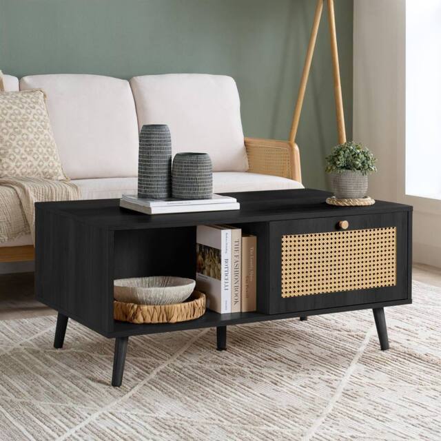 Birlea Croxley Coffee Table Black Rattan with Storage - image 1