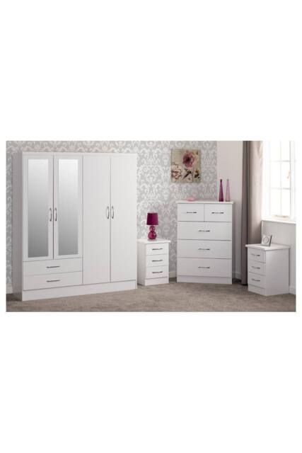 Seconique Nevada 4 Door 2 Drawer Mirrored Wardrobe Bedroom Set in White - image 1