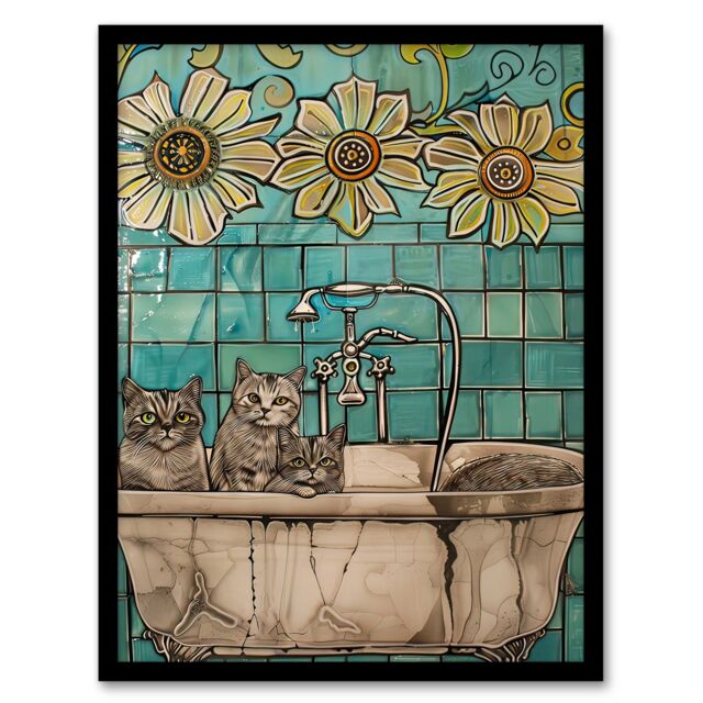"Artery8 Cats in Bathtub Cat Lover Bath Time Sunflower Framed Art Print in Blue - Size: W12"" x H16""" - image 1