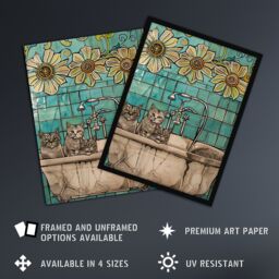 "Artery8 Cats in Bathtub Cat Lover Bath Time Sunflower Framed Art Print in Blue - Size: W12"" x H16""" - thumbnail 2