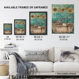 "Artery8 Cats in Bathtub Cat Lover Bath Time Sunflower Framed Art Print in Blue - Size: W12"" x H16""" - thumbnail 3