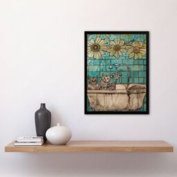 "Artery8 Cats in Bathtub Cat Lover Bath Time Sunflower Framed Art Print in Blue - Size: W12"" x H16""" - thumbnail 4