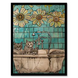 "Artery8 Cats in Bathtub Cat Lover Bath Time Sunflower Framed Art Print in Blue - Size: W12"" x H16""" - thumbnail 1