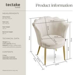 tectake Armchair Stella 1 - Velvet Look Cream/Gold in Cream - Size: 1 Pack - thumbnail 6