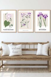 ARTZE Set of 3 Oak Framed Vintage Graphical Flower Market Purple Lilac Wall Art - Size: W45 cm x H62 cm x D20mm