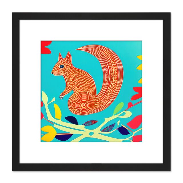 Artery8 Abstract Squirrel Tree Branches Bright Vibrant Colourful Illustration Square Wooden Framed Wall Art Print Picture 8X8 Inch in Black - image 1