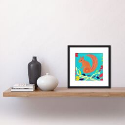 Artery8 Abstract Squirrel Tree Branches Bright Vibrant Colourful Illustration Square Wooden Framed Wall Art Print Picture 8X8 Inch in Black - thumbnail 2