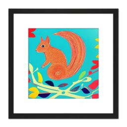 Artery8 Abstract Squirrel Tree Branches Bright Vibrant Colourful Illustration Square Wooden Framed Wall Art Print Picture 8X8 Inch in Black - thumbnail 1