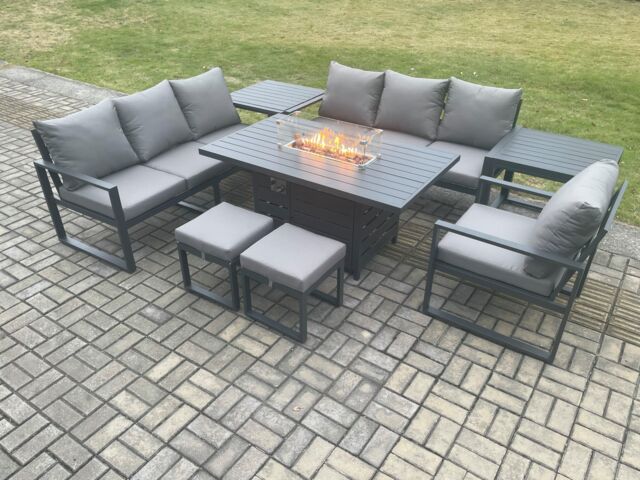 Fimous Aluminium 8 Pieces Garden Furniture Sofa Set with Cushions 9 Seater Gas Fire Pit Dining Table Set with 2 Side Tables in Dark Grey - image 1