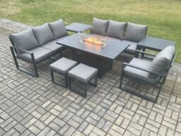 Fimous Aluminium 8 Pieces Garden Furniture Sofa Set with Cushions 9 Seater Gas Fire Pit Dining Table Set with 2 Side Tables in Dark Grey - thumbnail 1