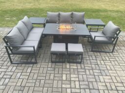 Fimous Aluminium 8 Pieces Garden Furniture Sofa Set with Cushions 9 Seater Gas Fire Pit Dining Table Set with 2 Side Tables in Dark Grey - thumbnail 2