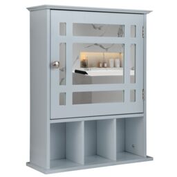 Costway Bathroom Wall Storage Cabinet Wooden Hanging Medicine Organizer W/ Mirror in Grey