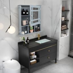 Costway Bathroom Wall Storage Cabinet Wooden Hanging Medicine Organizer W/ Mirror in Grey - thumbnail 4