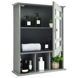 Costway Bathroom Wall Storage Cabinet Wooden Hanging Medicine Organizer W/ Mirror in Grey - thumbnail 7