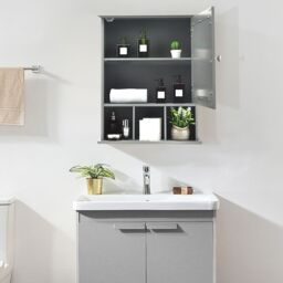 Costway Bathroom Wall Storage Cabinet Wooden Hanging Medicine Organizer W/ Mirror in Grey - thumbnail 8