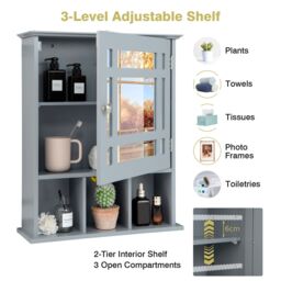 Costway Bathroom Wall Storage Cabinet Wooden Hanging Medicine Organizer W/ Mirror in Grey - thumbnail 5