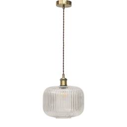 First Choice Lighting Batley Large - Clear Ribbed Glass Antique Brass Retro Pendant Fitting