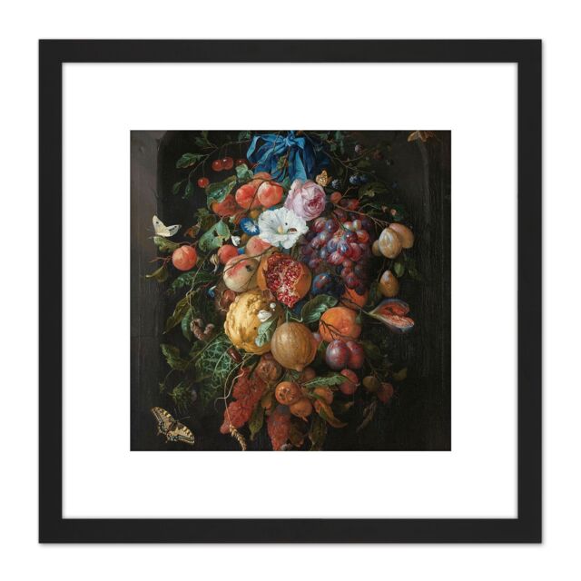 Artery8 De Heem Still Life Festoon Of Fruit & Flowers 8X8 Inch Square Wooden Framed Wall Art Print Picture with Mount in Black - image 1