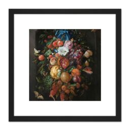 Artery8 De Heem Still Life Festoon Of Fruit & Flowers 8X8 Inch Square Wooden Framed Wall Art Print Picture with Mount in Black - thumbnail 1