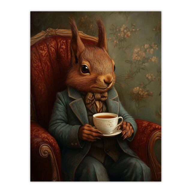 "Artery8 Red Squirrel Tea on Armchair Victorian Portrait Wall Art Print in Brown - Size: W12"" x H16""" - image 1