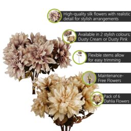 Pegdev Pack of 6 55cm Artificial Dahlia Stems Dusty Cream with Silk - thumbnail 2