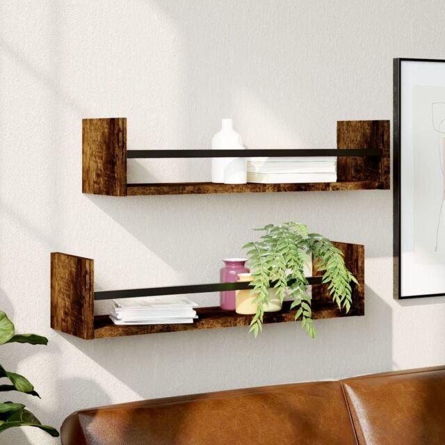 Berkfield Home Wall Shelves with Bars 2 pcs Smoked Oak 60x16x14 cm in Brown - Size: 60 x 16 x 14 cm - image 1