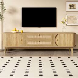 BTM Natural Wood TV Cabinet with Doors & Drawers, Rattan Style in Light Tan - thumbnail 4