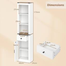 Gymax 173cm Slim Bathroom Tall Cabinet Narrow Storage Organizer With Door in White - thumbnail 2