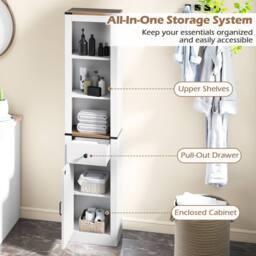 Gymax 173cm Slim Bathroom Tall Cabinet Narrow Storage Organizer With Door in White - thumbnail 6