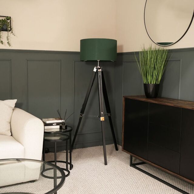 ValueLights Clipper Black Tripod Floor Lamp Large Green Shade in Metallic Silver - image 1
