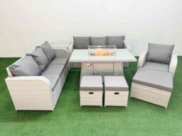 Fimous 10 Seater Poly Rattan Outdoor Garden Furniture Firepit Dining Table Sofa Set Patio 3 Seater Sofa Reclining Chair 3 Seater Sofa 3 Stools Side - thumbnail 1
