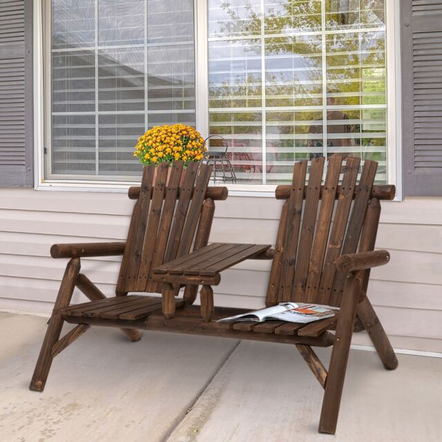OUTSUNNY Wood Patio Chair Loveseat 2 Seats with Center Coffee Table in Brown - image 1