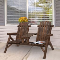 OUTSUNNY Wood Patio Chair Loveseat 2 Seats with Center Coffee Table in Brown - thumbnail 1