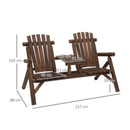 OUTSUNNY Wood Patio Chair Loveseat 2 Seats with Center Coffee Table in Brown - thumbnail 3