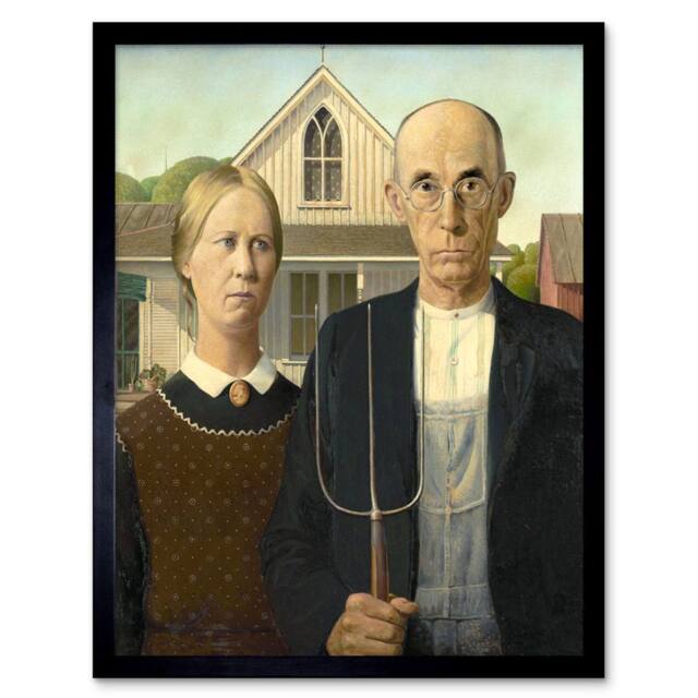 "Artery8 Grant Wood American Gothic Painting Home Decor 12x16"" Framed Art Print in Brown - Size: W12"" x H16""" - image 1