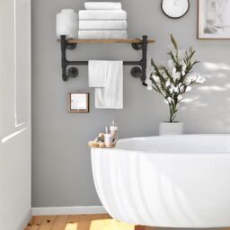 FURNOS Industrial Pipe Wall-Mounted Floating Shelf With Hanging Rail in Brown - thumbnail 4