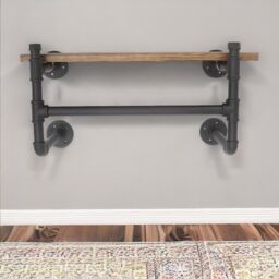FURNOS Industrial Pipe Wall-Mounted Floating Shelf With Hanging Rail in Brown - thumbnail 2